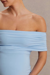Juliette | Powder Blue Bardot-Neck Maternity Maxi Dress With Drop-Waist