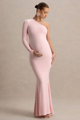 Heloise | Pink Asymmetric One-Sleeve Maternity Maxi Dress