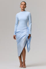Raffie | Powder Blue Long-Sleeve Midi Dress With Satin Wrap Skirt