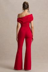 Alexandra | Red Asymmetric-Neck Draped Jumpsuit
