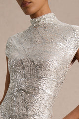 Cecy | Silver Sequin High-Neck Maxi Dress With Cap Sleeves