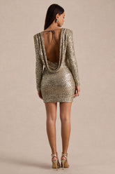 Mercedes | Champagne Sequin Boat-Neck Mini Dress With Draped Detail And Open Back