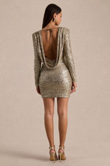 Mercedes | Champagne Sequin Boat-Neck Mini Dress With Draped Detail And Open Back