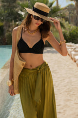 Tyrell | Olive Pleated Satin Wide-Leg Trousers