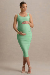 Lisbon | Light Green Maternity Square Neck Ruched Midi Dress