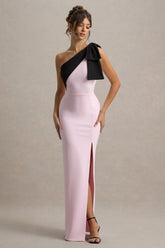 Kiri | Pink & Black One-Shoulder Bow Maxi Dress