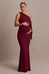 Orielle | Burgundy Asymmetric-Neck Maternity Maxi Dress With Knot-Sleeve And Sash