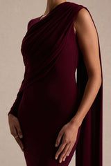 Rubelle | Burgundy Asymmetric Neck Maxi Dress With Draped Detailing