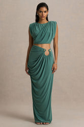 Avaline | Green Wrap Maxi Skirt With Ruched Detailing
