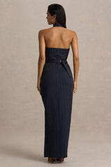 Eve | Navy Pinstripe Plunge-Neckline Tailored Maxi Dress