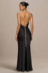 Maelia | Black Satin Cowl-Neck Maxi Dress With Diamante Straps