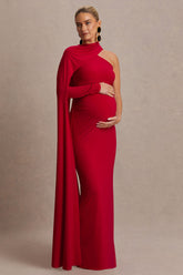 Tessy | Red Asymmetric-Neck Maternity Maxi Dress With Cape-Sleeve