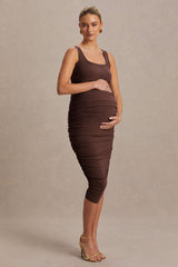 Lisbon | Brown Maternity Square Neck Ruched Midi Dress