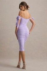 Citrus | Lilac Bardot Bodycon Midi Dress With Bow Sleeves