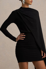 Celeste | Black Long-Sleeve Mini Dress With Cape Sleeve