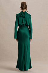 Celina | Bottle Green Satin High-Neck Maxi Dress