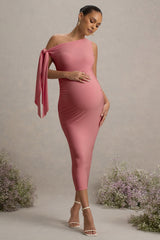 Katarine | Pink Asymmetric Knot Maternity Midi Dress