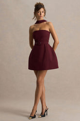 Timberly | Burgundy High-Neck Tailored Micro-Mini Dress