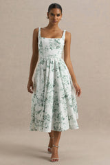 Lissa | Green Porcelain Print Square-Neck Midi Dress