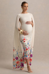 Providence | Light Pink Floral Print Boat-Neck Maternity Midi Dress With Cape Sleeves