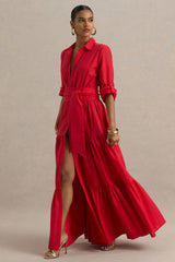 Sydney | Red Belted Maxi Shirt Dress
