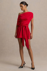 Clydie | Red Satin Asymmetric Playsuit With Tie-Waist
