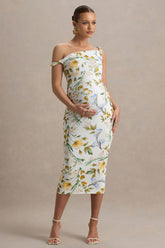 Salome | White Botanical Floral Print Twisted Asymmetric Maternity Midi Dress