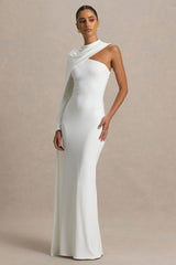 Dawn | Cream High-Neck Maxi Dress With One Long Cape-Sleeve