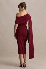 Leah | Burgundy Asymmetric-Neck Midi Dress With Cape-Sleeve