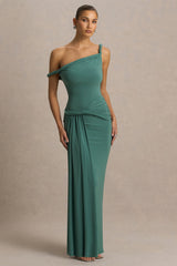 Tulisa | Green Asymmetric-Neck Maxi Dress With Twist Sleeves And Ruched Detailing