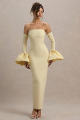 Myah | Lemon Bandeau Long-Sleeve Maxi Dress With Puff Cuffs
