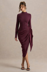 Raffie | Plum Long-Sleeve Midi Dress With Satin Wrap Skirt