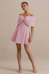 Faria | Blush Pink Short-Sleeve Bardot Mini Dress With Bow Detail