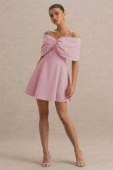 Faria | Blush Pink Short-Sleeve Bardot Mini Dress With Bow Detail