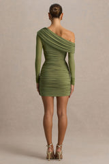 Gina | Olive Asymmetric-Neck Ruched Mini Dress