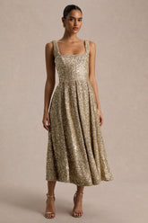 Lima | Champagne Sequin Square-Neck A-Line Midi Dress