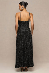 Allora | Black Sequin Square-Neck Maxi Dress With Pleated Skirt