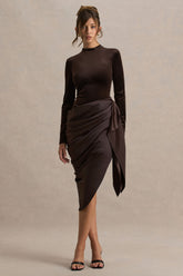 Sasha | Brown Satin And Velvet Midi Dress With Wrap-Detail