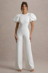 Dillon | White Puff-Sleeve Straight-Leg Jumpsuit