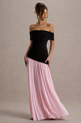 Venezia | Black & Pink Bardot Maxi Dress With Drop-Waist