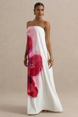 Breonna | Bright Pink Floral Placement Print Bandeau Maxi Dress