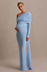 Amara | Powder Blue Asymmetric-Neck Maternity Maxi Dress With Sash Detail