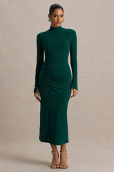 Cassandra | Bottle Green High-Neck Long-Sleeve Midi Dress