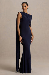 Tiana | Navy Asymmetric-Neck Maxi Dress With Drape-Detail