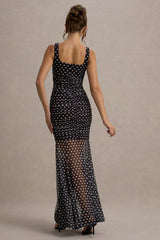 Galaxia | Black & White Polka Dot Maxi Dress With Mesh Skirt