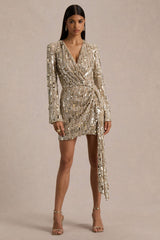 Carmina | Gold Sequin Plunge-Neck Wrap Mini Dress With Sash Detail
