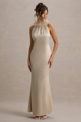 Bianca | Champagne Satin Feather-Trim Maxi Dress