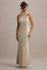 Bianca | Champagne Satin Feather-Trim Maxi Dress