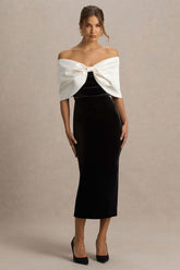 Twilight | Black And White Velvet Bardot-Neck Midi Dress With Oversized Satin Bow