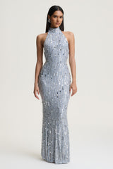 Zaira | Silver Sequin High-Neck Maxi Dress With Open-Back